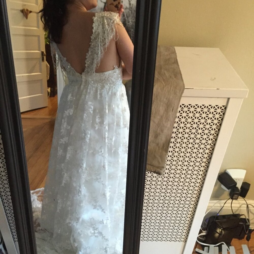 Short Sleeve Lace & Chiffon Wedding Dress with Jeweled Belt – New